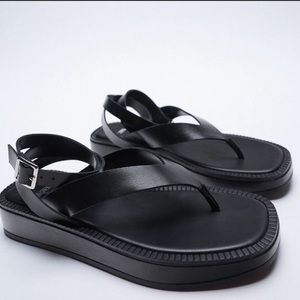 Zara New Black Leather Platform Minimalist Squared Toe Flat Sandals Shoes Size 9